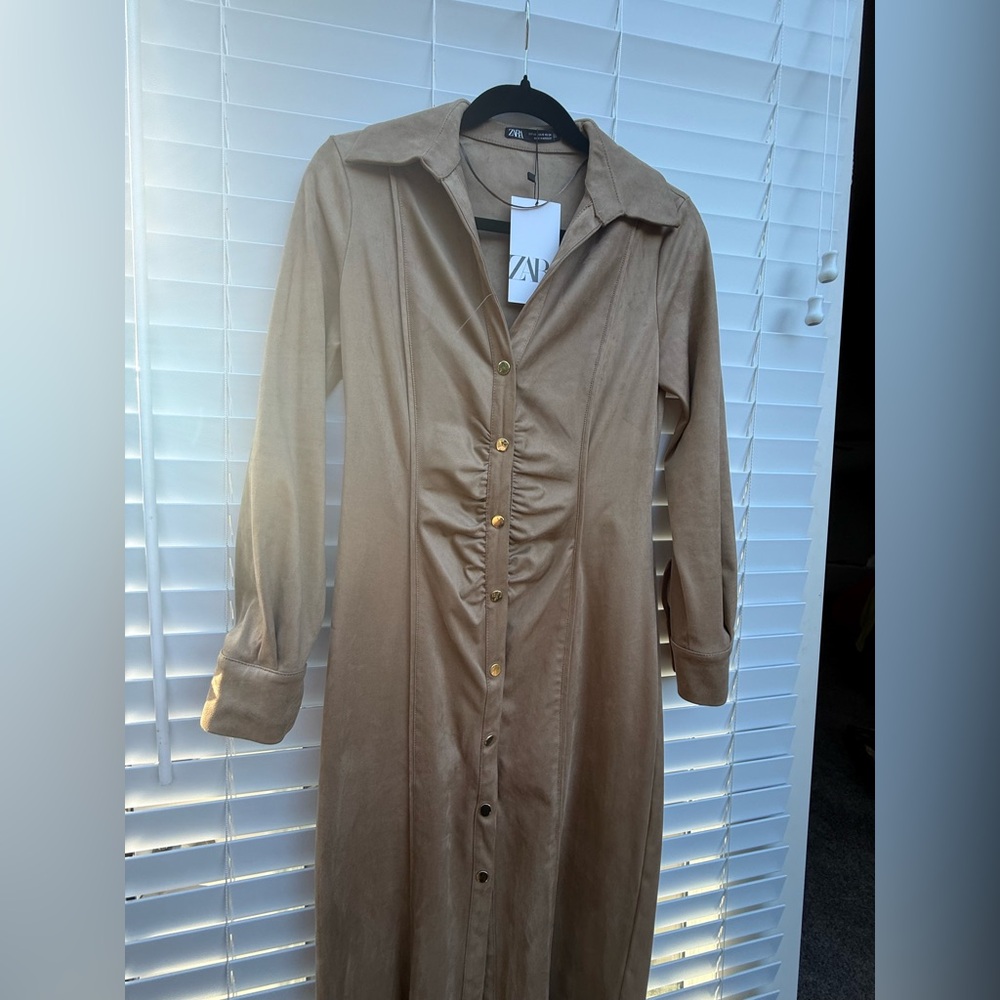 Zara Brown Button-Front Long Sleeve Dress